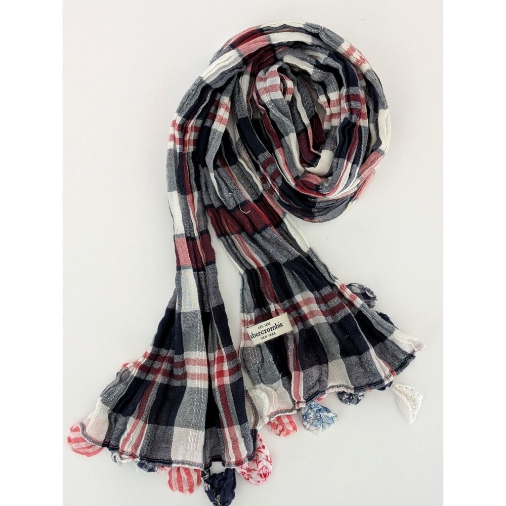 Abercrombie & Fitch Scarf Plaid Red, White, Blue, Pom Pom Tassels 74 ”L x 10”W